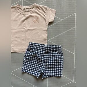 Neutral Pink Tee and Navy Gingham Kids Shorts Set